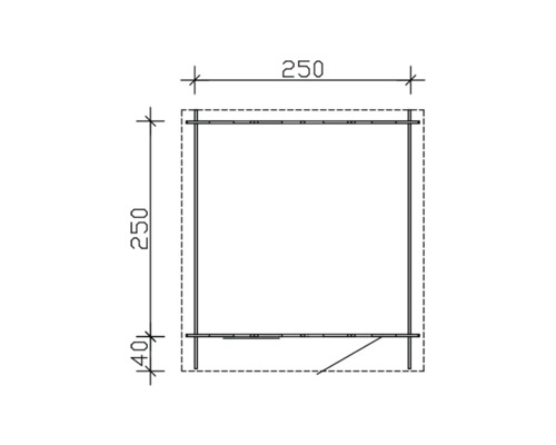 Schéma technique d''une cabane de jardin avec des dimensions de 250 x 250 x 40 centimètres