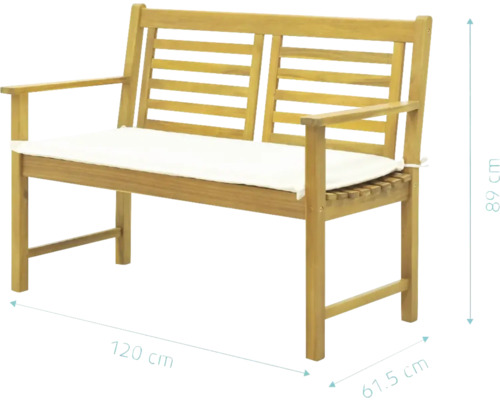 Banc de jardin en bois avec coussin d''assise et dimensions