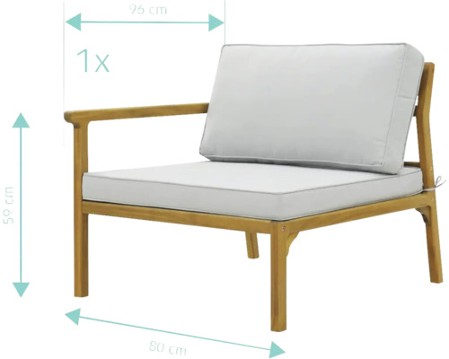 Gartenlounge Sessel mit Armlehne aus Holz mit Kissen und Maßangaben