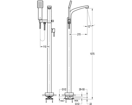Technische Zeichnung einer freistehenden Badewannenarmatur mit Handbrause und Maßangaben.