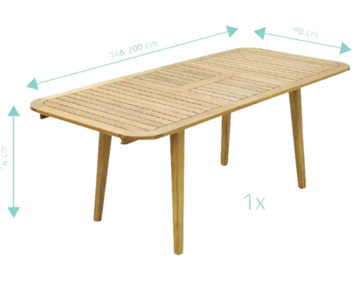 Table de jardin rectangulaire en bois mesurant 146,2 x 90 x 76 centimètres.
