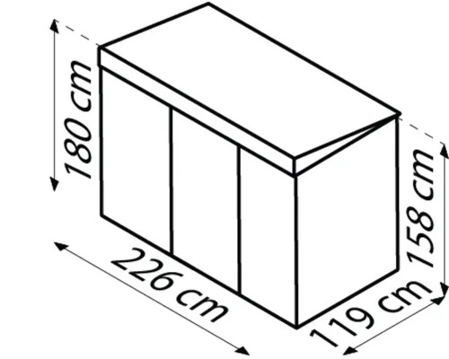 Schemazeichnung eines Gartenhauses mit den Maßen 180 cm Höhe, 226 cm Breite und 119 cm Tiefe.