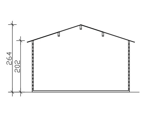 Dessin technique d''une remise de jardin avec toit à pignon et indications de dimensions