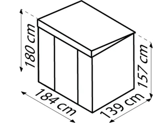 Dimensionsdarstellung eines Gartenschranks: 184 cm breit, 139 cm tief, 180 cm hoch und Seitenhöhe 157 cm.