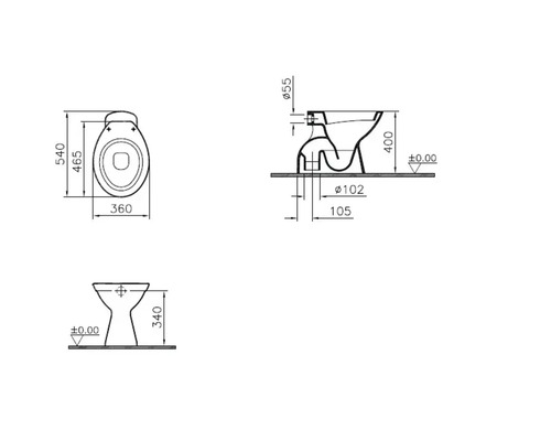 Schéma technique de WC avec indications de dimensions