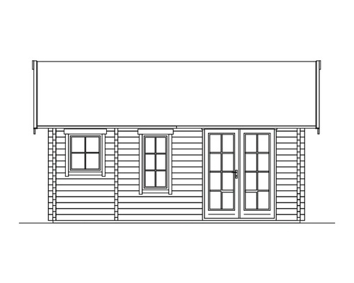 Illustration d''un abri de jardin avec deux fenêtres et une double porte.
