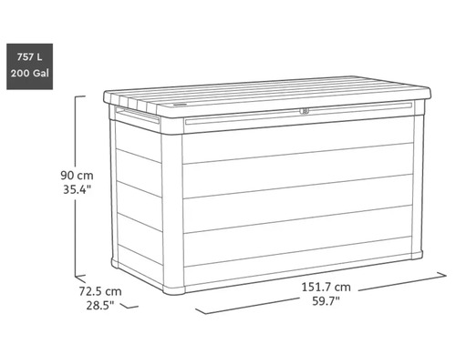 Abbildung einer Gartenbox mit den Maßen 757 Liter Fassungsvermögen, 90 Zentimeter Höhe, 72,5 Zentimeter Tiefe und 151,7 Zentimeter Breite.