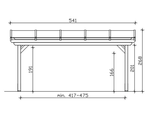 Technische Zeichnung eines Holzcarports mit Größenangaben