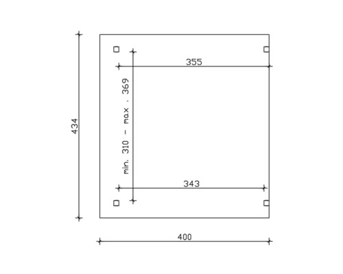 Dessin technique avec indications de dimensions : 434, 400, 355, 343, minimum 310 à maximum 369.
