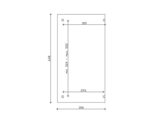 Dessin technique avec indications de dimensions : 648, 350, 305, 293, minimum 524, maximum 552
