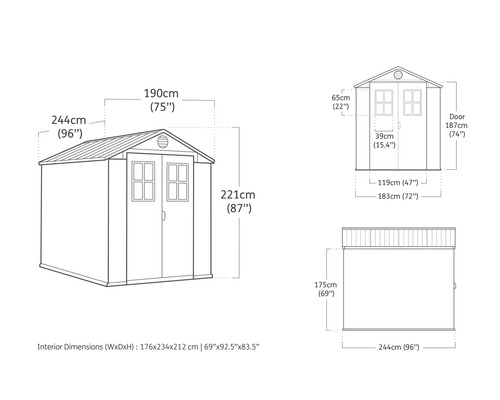 Abmessungen eines Gartenhauses als technische Zeichnung