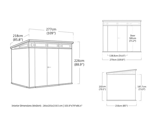 Technische Zeichnung eines Gartenhauses mit Maßangaben