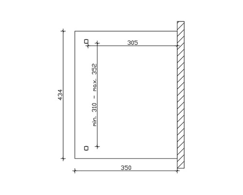 Dimensions du produit : 434, 350, 305, hauteur minimale de 310 et hauteur maximale de 352