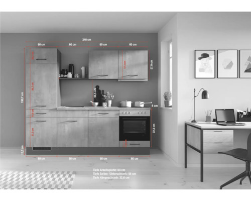 Cuisine complète avec éléments hauts et bas, cuisinière électrique et hotte aspirante au design moderne