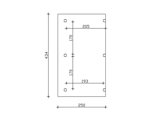 Technische Zeichnung mit Abmessungen eines rechteckigen Produkts: 434 mm hoch, 250 mm breit, Lochabstände 170 mm und 205 mm