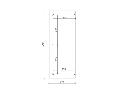Dessin technique avec cotes d''un objet rectangulaire : 648 mm de haut, 250 mm de large, largeur supérieure de 205 mm, largeur inférieure de 193 mm, distance entre les trous de fixation de 270 mm.