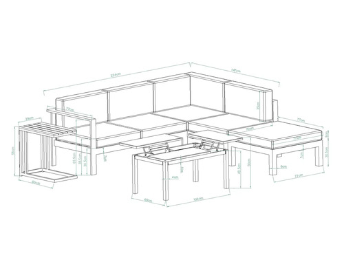 Dimensions d''un ensemble de meubles de jardin avec canapé d''angle, table d''appoint et tables basses.