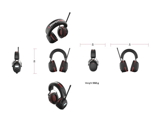 Casque antibruit Perfectpro avec des dimensions de 20 cm de hauteur, 10 cm de largeur et 16 cm de longueur, poids 550 g