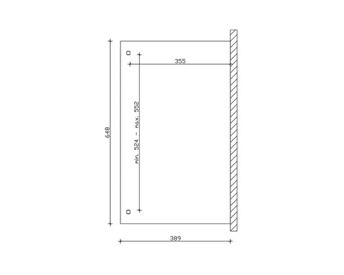 Dessin technique avec dimensions : 648 millimètres de hauteur, 389 millimètres de largeur, 355 millimètres de profondeur, 524 millimètres minimum à 552 millimètres maximum