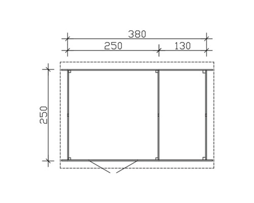 Dessin technique d''une remise de jardin avec les dimensions 380 x 250 x 250 cm