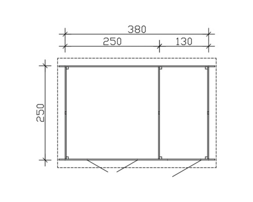 Plan d''un abri de jardin mesurant 250 x 380 centimètres.