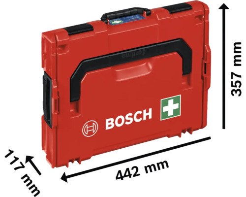 Bosch L-Boxx 136 Werkzeugkoffer mit Erste-Hilfe-Kreuz und den Maßen 442 mm x 117 mm x 357 mm