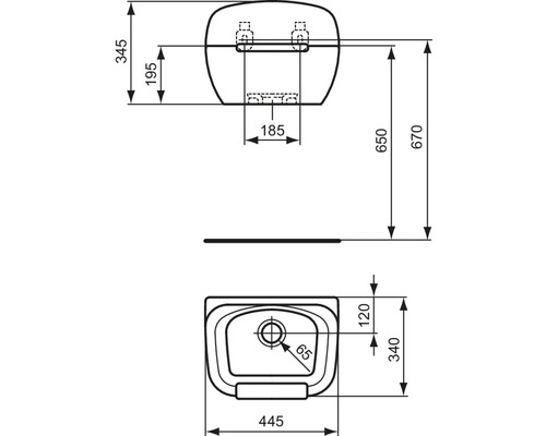 Technische Zeichnung eines Waschbeckens mit Maßangaben