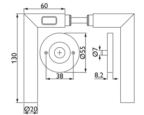 Technische Zeichnung eines Türdrückers mit Maßangaben