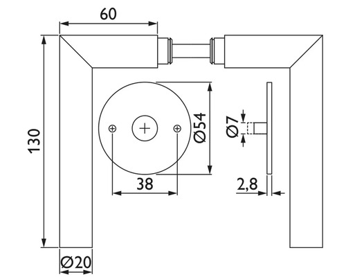 Dessin technique d''une poignée de porte avec indications de dimensions.
