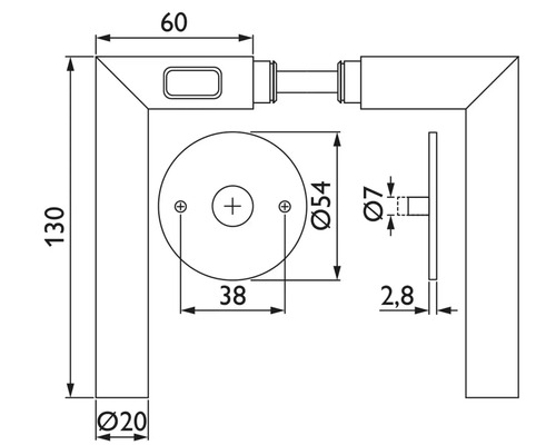 Schéma technique d''une poignée de porte avec indications de dimension