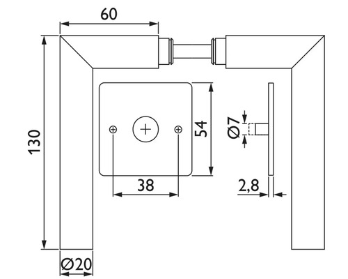 Technische Zeichnung eines Türdrückers mit Maßangaben