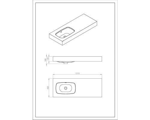 Technische Zeichnung eines Waschtisches mit Maßen
