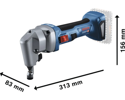 Grignoteuse à tôle sans fil Bosch avec les dimensions 313 mm x 83 mm x 156 mm