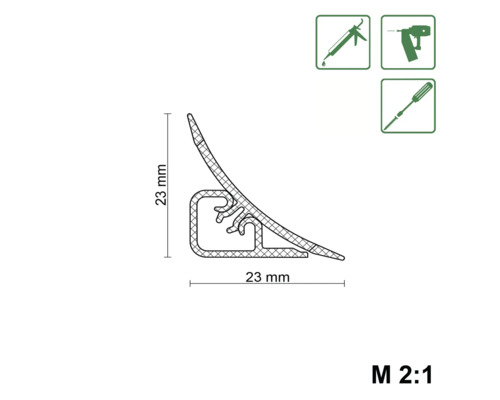 Profilleiste mit den Maßen 23 mm x 23 mm, geeignet für Befestigung mit Silikon, Tacker oder Schrauben
