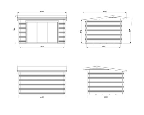 Zeichnung eines Gartenhauses mit Abmessungen