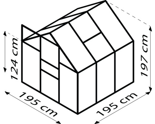 Zeichnung eines Gewächshauses mit den Maßen 195 mal 195 mal 124/197 Zentimeter