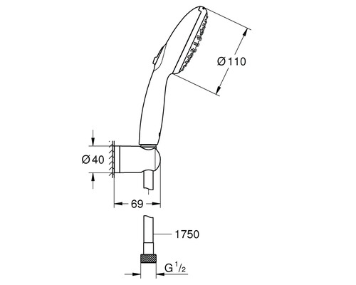 Technische Zeichnung einer Handbrause mit Maßangaben