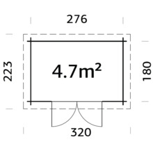 Grundrisszeichnung mit Maßangaben für ein Gartenhaus, Fläche 4,7 Quadratmeter