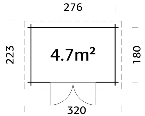 Grundrisszeichnung mit Maßangaben für ein Gartenhaus, Fläche 4,7 Quadratmeter