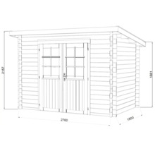 Illustration eines Gartenhauses mit Maßen.
