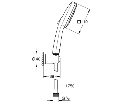 Technische Zeichnung einer Handbrause mit Maßen