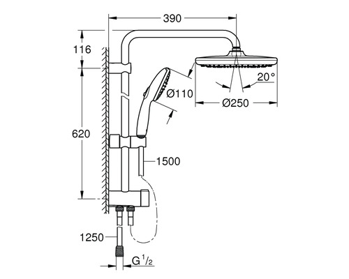 Schéma technique d''un set de douche avec dimensions.
