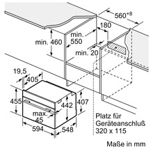 Technische Zeichnung eines Einbaubackofens mit Maßangaben für den Einbau
