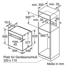 Technische Zeichnung eines Ofens mit Maßangaben für den Einbau
