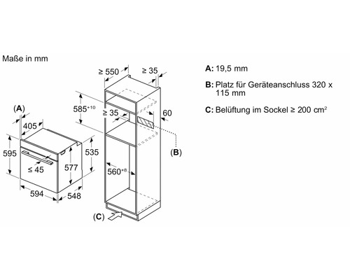 Masszeichnung eines Ofens mit Einbauschrank, Masse in Millimeter