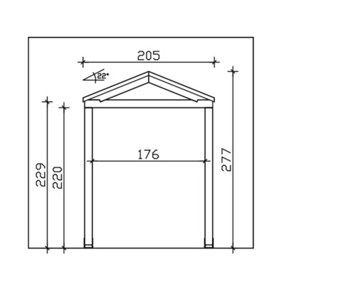 Technische Zeichnung einer Überdachung mit Maßangaben