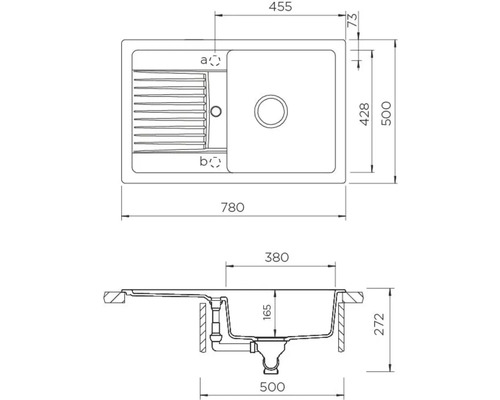Schéma technique d''un évier de cuisine avec dimensions.