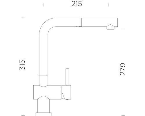 Technische Zeichnung einer Küchenarmatur mit den Maßen 215, 315 und 279 Millimeter.