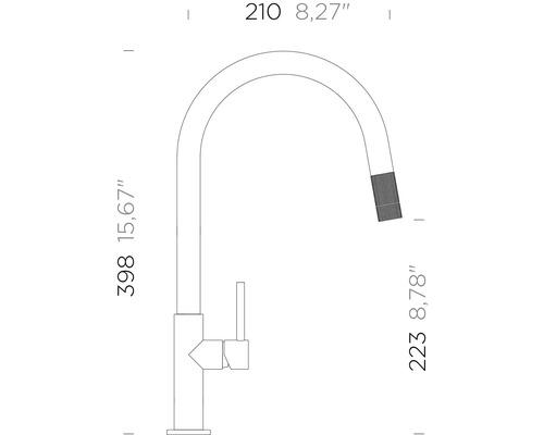 Zeichnung einer Küchenarmatur mit den Maßen 398, 210 und 223 Millimeter.