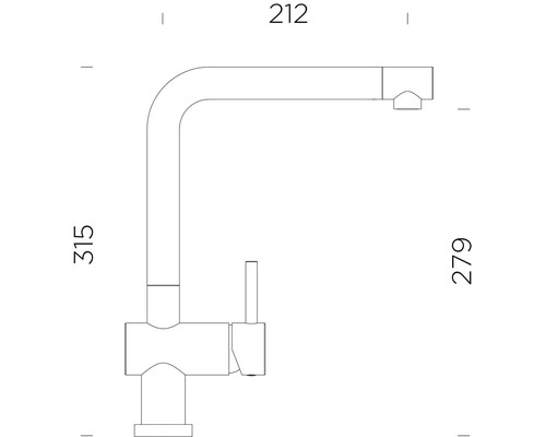 Technische Zeichnung einer Küchenarmatur mit Maßangaben
